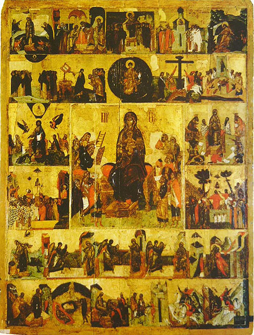 «Ο Ακάθιστος Ύμνος», ρωσική εικόνα του 14ου αιώνα. Στο κέντρο εικονίζεται η Παναγία, ενώ καθεμιά από τις μικρές περιφερειακές εικόνες αφορά τη διήγηση ενός από τους 24 «οίκους» του Ακάθιστου Ύμνου