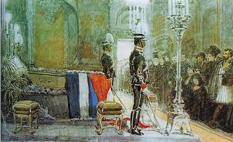  Η κηδεία του Γεωργίου Α’, σύμφωνα με πίνακα του A. Thejll (Αθήνα, Εθνικό Ιστορικό Μουσείο). Το φέρετρό του καλύπτεται από την ελληνική και τη δανέζικη σημαία.