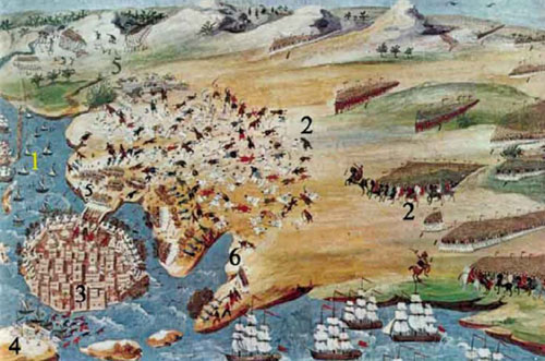 1. Τουρκοαιγυπτιακός στόλος 2. Τουρκοαιγυπτιακά στρατεύματα 3. Το Μεσολόγγι 4. Το νησάκι Κλείσοβα 5. Ελληνικά στρατεύματα 6. Τουρκικά κανόνια 