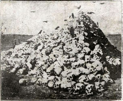  Πυραμίδα με κεφάλια δολοφονημένων από τις παρακρατικές συμμορίες του Κεμάλ  (από το βιβλίο του Κωνσταντίνου Φαλτάιτς για τα γεγονότα της Νικομήδειας, που εκδόθηκε στην Αθήνα το 1921) (ΠΗΓΗ) 