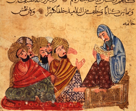 Socrates discussing philosophy with his disciples, Arabic miniature from a manuscript, Turkey 13th Century.