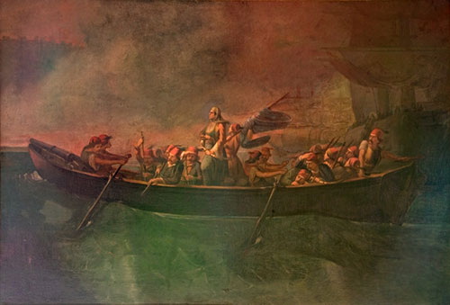 Ελαιογραφία με την Λασκαρίνα Μπουμπουλίνα να επιτίθεται στα κάστρα του Ναυπλίου.