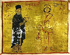 Ο Μιχαήλ Ψελλός (αριστερά) με τον μαθητή του, αυτοκράτορα Μιχαήλ Ζ’ Δούκα Παραπινάκη_πηγή wikimedia