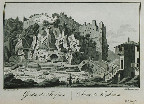 Grotta di Trofonio, 1820, Simone Pomardi Το Τροφώνιο Μαντείο (ή Τροφώνιο Άντρο) στους πρόποδες του μεσαιωνικού κάστρου στη Λιβαδειά.  Πηγή: travelogues.gr