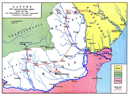 Χάρτης των επιχειρήσεων του Αλέξανδρου Υψηλάντη στη Μολδοβλαχία (Λ. Βρανούσης, 1964).