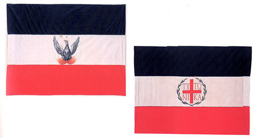 Η σημαία του Ιερού Λόχου ο οποίος πολέμησε και αποδεκατίσθηκε στο Δραγατσάνι της Βλαχίας (Ιούνιος 1821). Η μια πλευρά της έφερε ερυθρό σταυρό με τη φράση «ΤΟΥΤΩ ΝΙΚΑ», πλαισιωμένο από δαφνοστέφανο, ενώ η άλλη έφερε φοινίκα ο οποίος αναγεννάται από την τέφρα του (πρόκειται για μία παραλλαγή της περίφημης σημαίας).