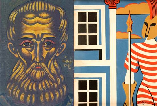 Αριστερά: «Ο Πυθαγόρας», 1954, Αυγοτέμπερα σε ξύλο. Δεξιά: Σύνθεση με αρχαίο πολεμιστή. Έργα του Νίκου Εγγονόπουλου