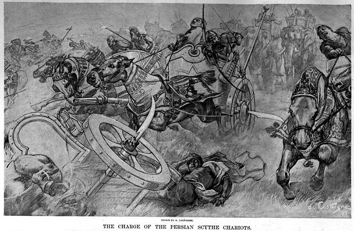 Eπίθεση των Περσο Σκυθικών αρμάτων στην μάχη των Γαυγαμήλων – πίνακας του Αndre Castaigne 1898 πηγή: wikipedia
