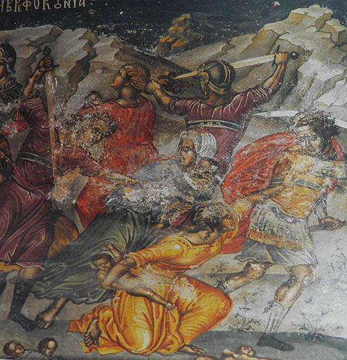 Ιερά Μονή Σταυρονικήτα Τοιχογραφία Θεοφάνους από το Καθολικό, 16ος αι. Λεπτομέρεια από τη Σφαγή των Νηπίων