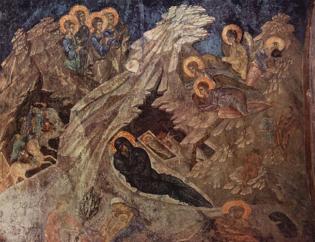 Η Γέννηση του Χριστού, τοιχογραφία από το ναό της Περιβλέπτου στο Μυστρά