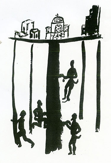 Εικ. 1. Καλικάντζαροι στα έγκατα της γης, πριονίζουν το δένδρο που τη στηρίζει (σχέδιο του Πάνου Φειδάκη, που δημοσιεύτηκε στο βιβλίο «Καλικάντζαροι» των εκδόσεων του Φοίνικα, Αθήνα 2008).