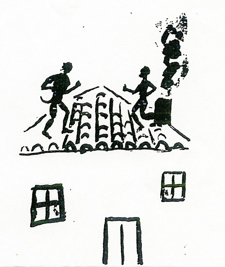 Εικ. 2. Καλικάντζαροι πάνω στην καμαροσκέπαστη στέγη ενός σπιτιού (σχέδιο του Πάνου Φειδάκη, που δημοσιεύτηκε στο βιβλίο «Καλικάντζαροι» των εκδόσεων του Φοίνικα, Αθήνα 2008).