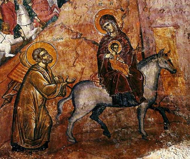 Η φυγή στην Αίγυπτο, τοιχογραφία από τη Μονή Αγίου Νεοφύτου στην Κύπρο (12oς αιώνας). Πηγή: Βυζαντινών Ιστορικά