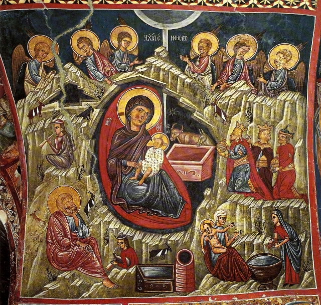 Η γέννηση του Χριστού - Τοιχογραφία στην εκκλησία του Αγίου Νικολάου της Στέγης στο χωριό Κακοπετριά. 14ος αιώνας μ.Χ. Πηγή: ΠΕΡΙ ΤΕΧΝΗΣ Ο ΛΟΓΟΣ