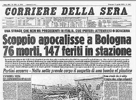 Πρωτοσέλιδο της ιταλικής Corriere della Sera για την στημένη "σφαγή της Μπολώνια" στις 2 Αυγούστου 1980