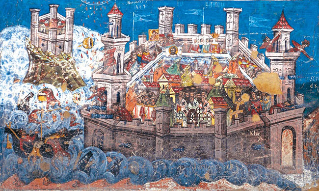 Βυζαντινή τοιχογραφία στον εξωτερικό τοίχο του κεντρικού ναού Μονής της Μολδαβίας (1537): Η πολιορκία της Κωνσταντινούπολης από τους Οθωμανούς. Διακρίνεται μέσα στα τείχη η τελευταία λιτανεία της Θεοτόκου.