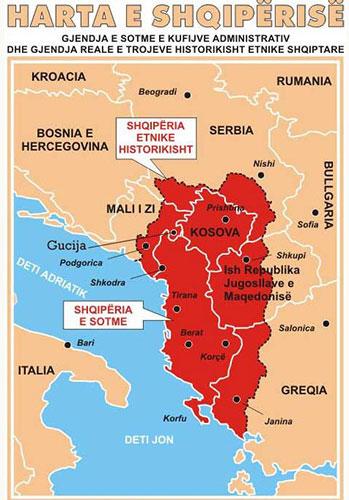 Χάρτης της λεγόμενης 'Φυσικής Αλβανίας' με εδάφη από πέντε γειτονικά προς την Αλβανία κράτη