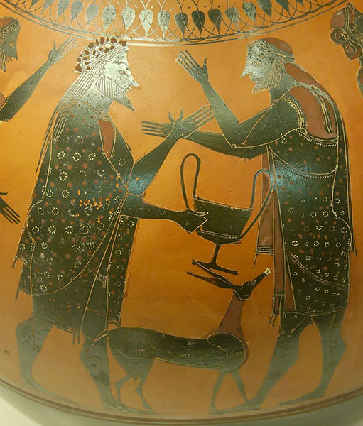 Ο Ικάριος υποδέχεται τον Διόνυσο. Μελανόμορφος αμφορέας του Ζωγράφου Affecter, περίπου 540-520 π.Χ. Λονδίνο, Βρετανικό Μουσείο, 1836,0224.46 / B153 © The Trustees of the British Museum Ψηφίδες για την Ελληνική Γλώσσα URL [http://www.greek-language.gr/digitalResources/ancient_greek/mythology/lexicon/metamorfoseis/page_098.html]