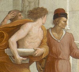 Λεπτομέρεια από την νωπογραφία «Η Σχολή των Αθηνών» του Ραφαήλ στην οποία απεικονίζεται ο Διαγόρας ο Μήλιος ή άθεος αριστερά και ο Κριτίας δεξιά