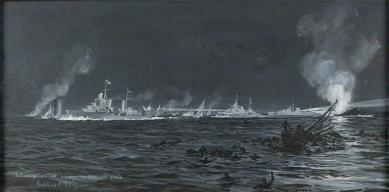 Τα βρετανικά πλοία σαρώνουν τα καΐκια με τις γερμανικές ενισχύσεις τη νύκτα 21 προς 22 Μαΐου 1941. Η παράδοση αιχμαλώτων δεν έγινε δεκτή από τους Βρετανούς. (Πίνακας «HMS ‘Dido’, ‘Ajax’ and ‘Orion’ in Action off Crete», πηγή: artuk.org)