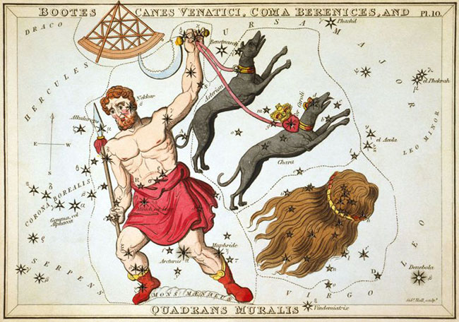 Βοώτης – Boötes as depicted in Urania’s Mirror, a set of constellation cards published in London c.1825. In his left hand he holds his hunting dogs, Canes Venatici. Below them is the constellation Coma Berenices. Above the head of Boötes is Quadrans Muralis, now obsolete, but which lives on as the name of the early January Quadrantid meteor shower. Mons Mænalus can be seen at his feet. wikipedia URL [https://en.wikipedia.org/wiki/Boötes]