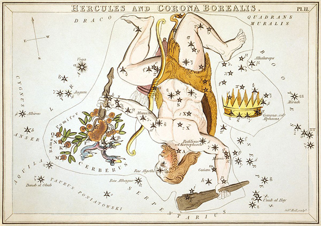 Ηρακλής και Στέφανος (Κορώνα) Hercules and Corona Borealis, as depicted in Urania’s Mirror (c. 1825) wikipedia URL [https://en.wikipedia.org/wiki/Corona_Borealis]