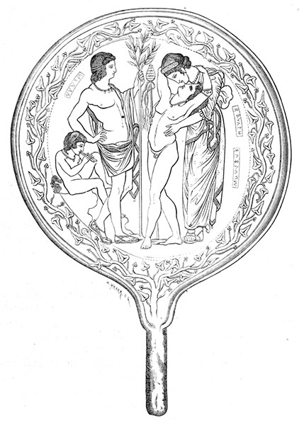 Η Σεμέλη αγκαλιάζει τον γιό της, Διόνυσο. Drawing from an Etruscan mirror: Semele embracing her son Dionysus, with Apollo looking on and a satyr playing an aulos. Wikipedia URL [https://en.wikipedia.org/wiki/Semele]