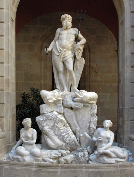 Νεπτούνος Neptune (1802), by Catalan sculptor Nicolau Travé, together with two nereids by Antoni Solà. Barcelona: Llotja de Mar. Wikipedia URL [https://en.wikipedia.org/wiki/Neptune_(mythology)]