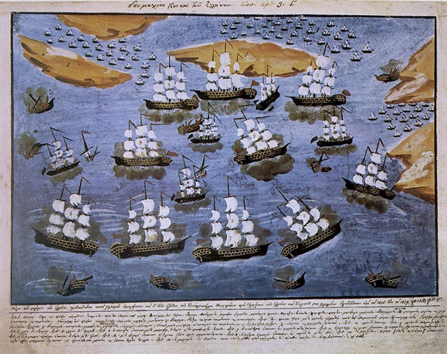 Στις 5 Αυγούστου 1824 ο ελληνικός στόλος υπό τον Σαχτούρη καταναυμαχεί τον οθωμανικό στην Σάμο (ναυμαχία Μυκάλης). Πηγή φωτογραφίας: Περιοδικό: "Ιστορία Εικονογραφημένη".