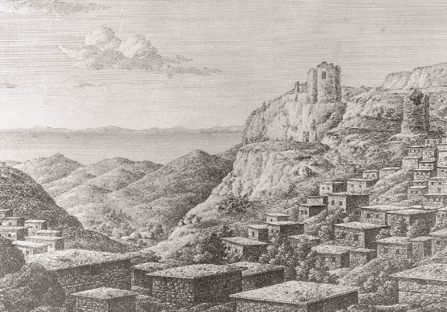  H Xώρα γύρω στο 1815 (O. Richter Bερολίνο 1822), η θέση Βρυχός το ύψωμα στ' αριστερά της εικόνας.