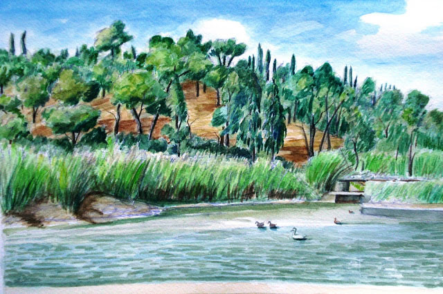  Γερ. Γ. Γερολυμάτος, «Η λίμνη στο Πάρκο Τρίτση», ακουαρέλες σε χαρτί