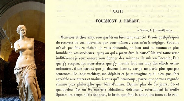 Η Αφροδίτη της Μήλου δεν πήγε μόνη της, με ΚΤΕΛ, στο Μουσείο του Λούβρου. Κάποιοι την άρπαξαν. Δίπλα της, απόσπασμα από την επιστολή του Γάλλου καθολικού παπά που διέλυσε την Σπάρτη.