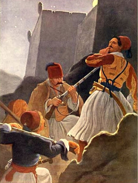 O Σταϊκόπουλος ενώ κυριεύει το Παλαμήδιο σε πίνακα του Von Hess