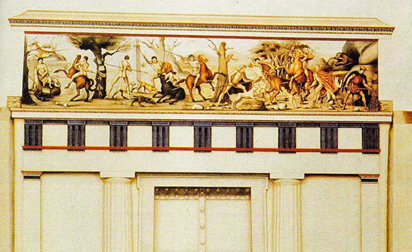 Αναπαράσταση της τοιχογραφίας με τη σκηνή του κυνηγιού από τον βασιλικό τάφο ΙΙ, στη Βεργίνα.